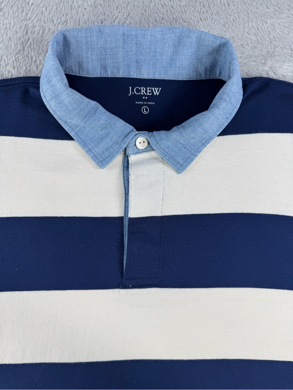 J.Crew Factory Mens L Rugby Shirt Navy Ivory Stripe Chambray Collar Preppy - Picture 6 of 14
